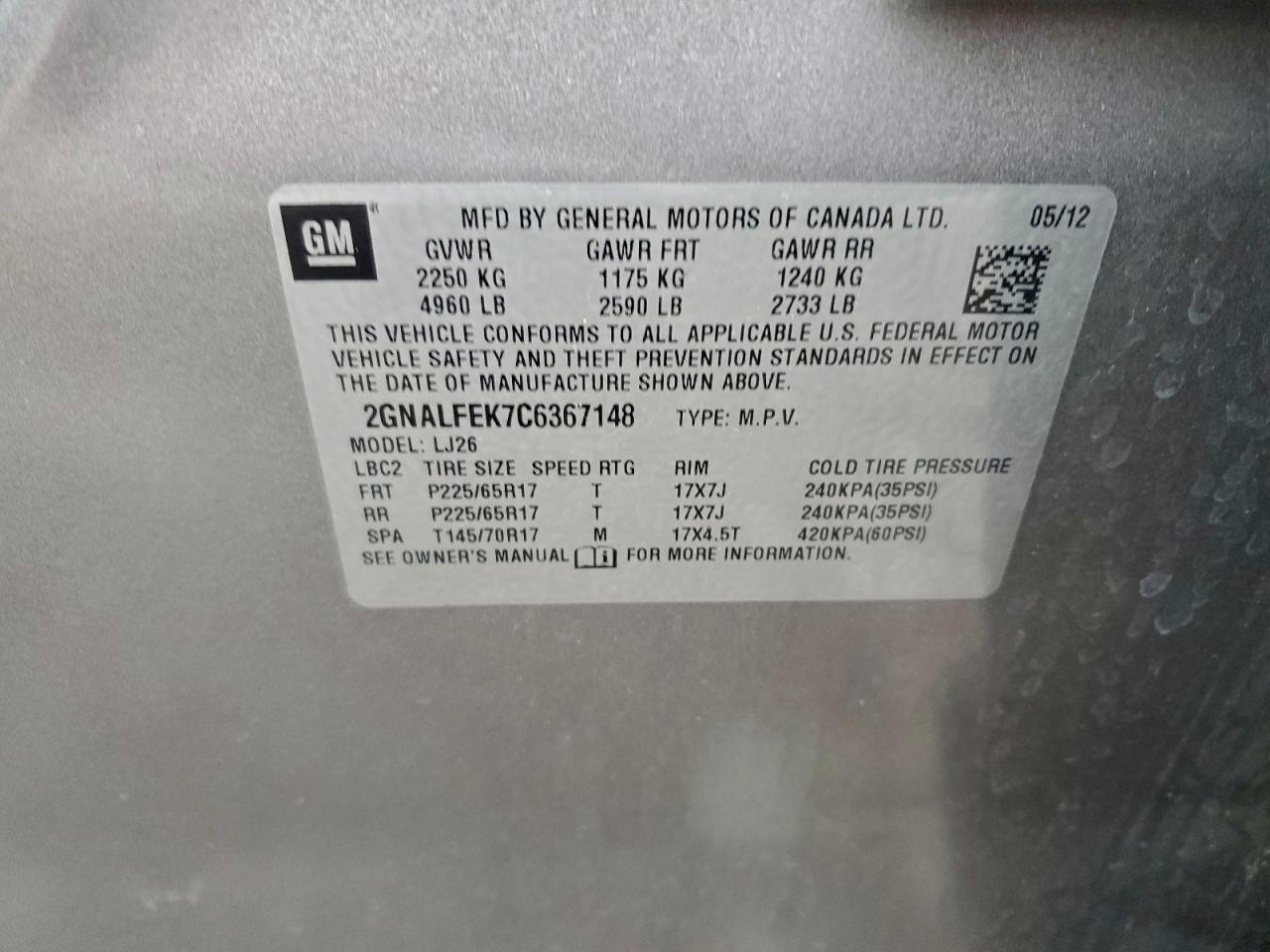 2012 Chevrolet Equinox Ltz VIN: 2GNALFEK7C6367148 Lot: 95668765