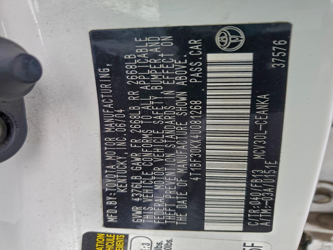 2004 Toyota Camry Le VIN: 4T1BF30KX4U081268 Lot: 95198955