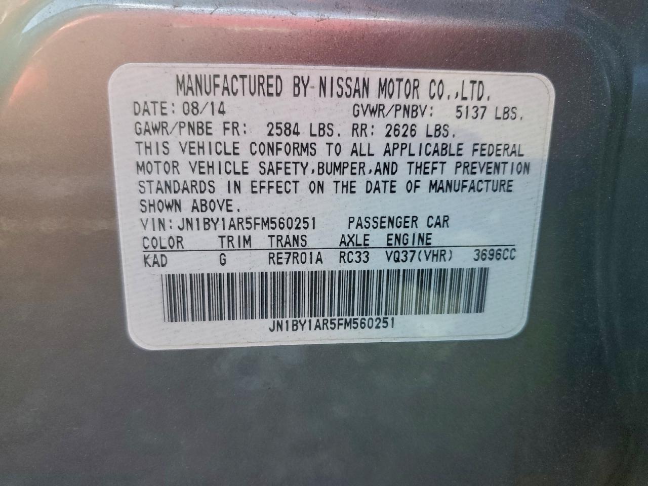 2015 Infiniti Q70 3.7 VIN: JN1BY1AR5FM560251 Lot: 95017655