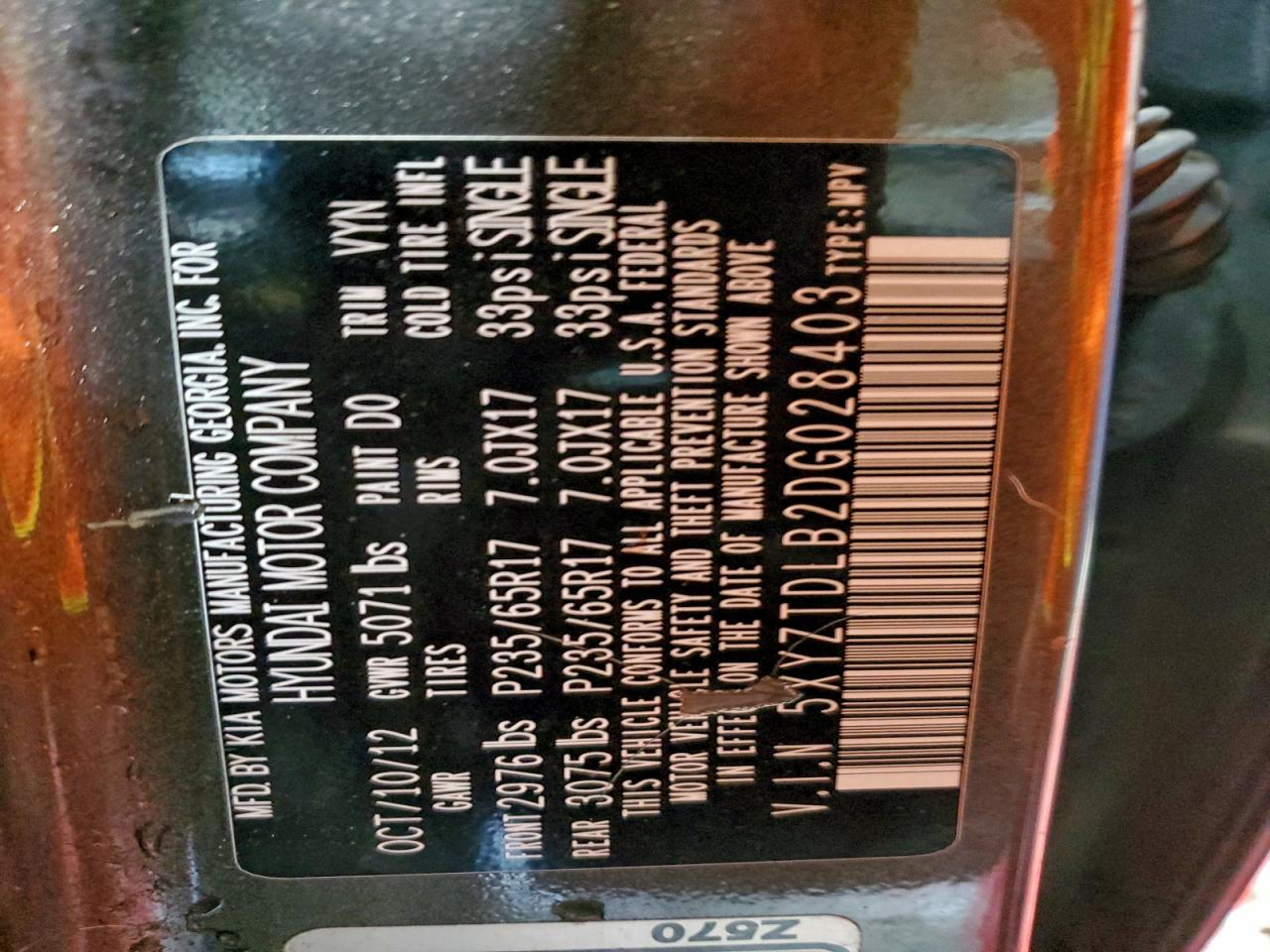 2013 Hyundai Santa Fe Sport VIN: 5XYZTDLB2DG028403 Lot: 95979805