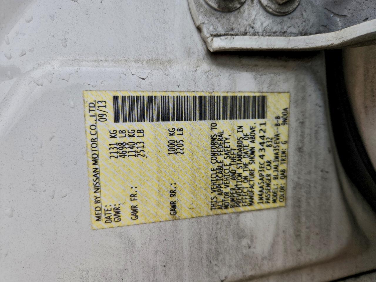 2014 Nissan Maxima S VIN: 1N4AA5AP3EC434421 Lot: 95410805