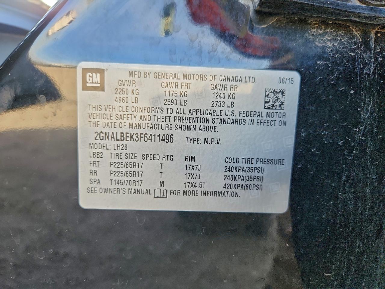 2015 Chevrolet Equinox Lt VIN: 2GNALBEK3F6411496 Lot: 96166015