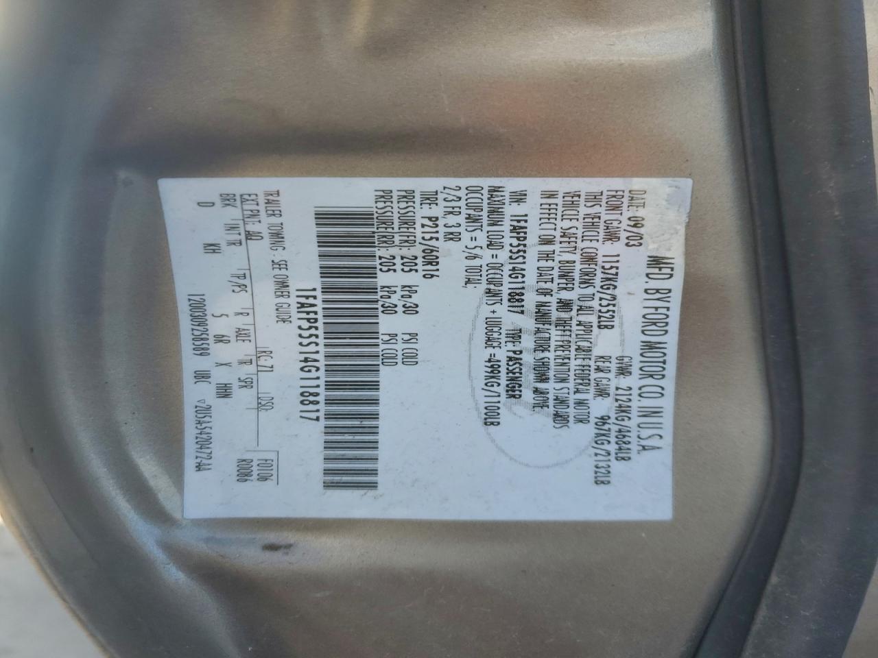 2004 Ford Taurus Ses VIN: 1FAFP55S14G118817 Lot: 95539885