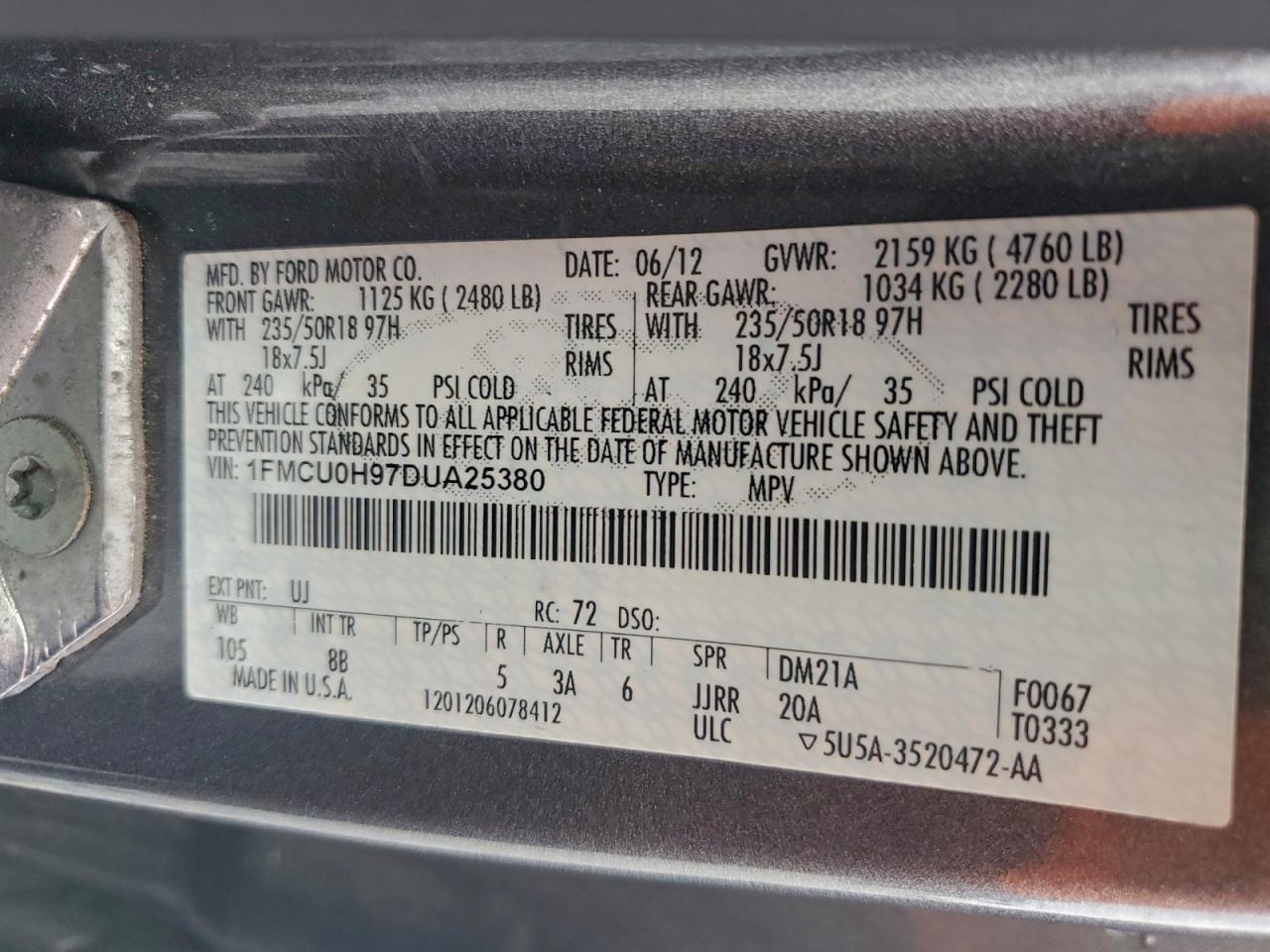 2013 Ford Escape Sel VIN: 1FMCU0H97DUA25380 Lot: 95265355