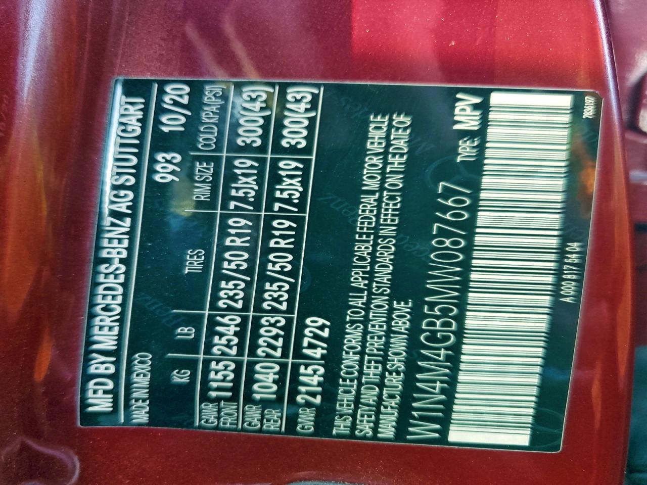 2021 Mercedes-Benz Glb 250 VIN: W1N4M4GB5MW087667 Lot: 94985765