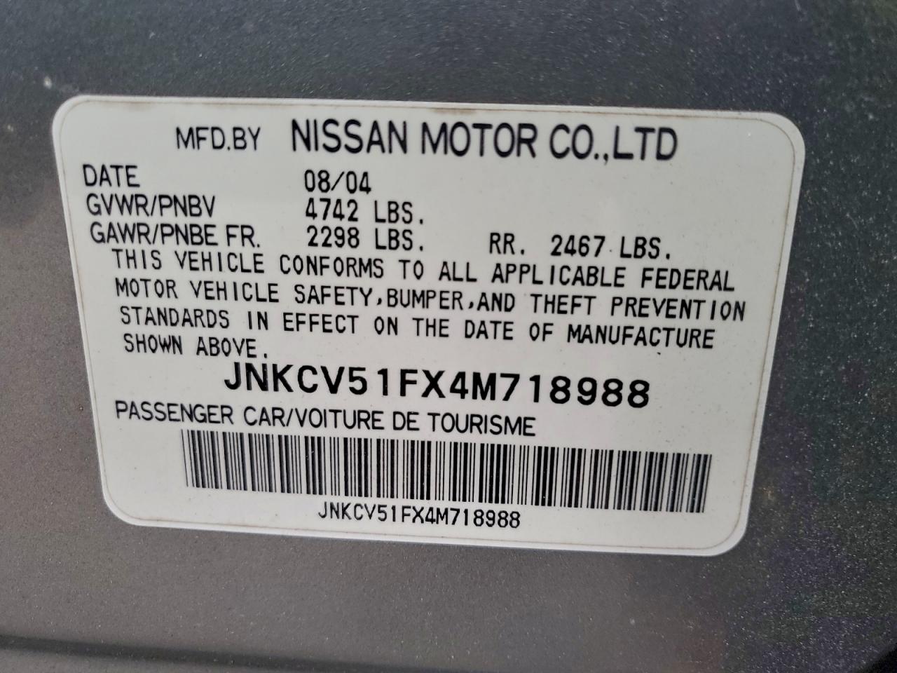 2004 Infiniti G35 VIN: JNKCV51FX4M718988 Lot: 94680965