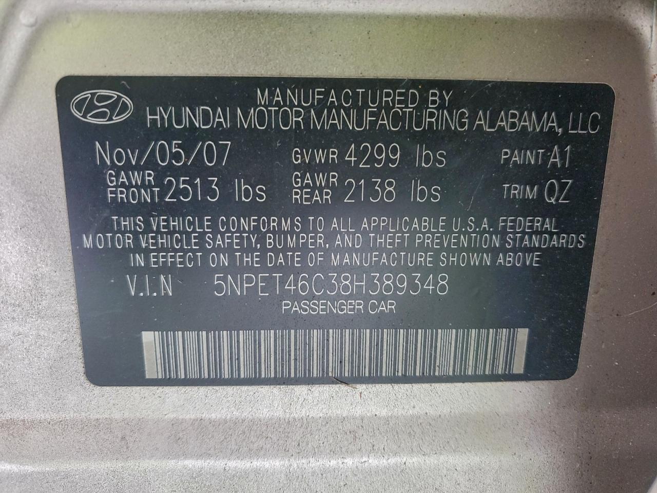 2008 Hyundai Sonata Gls VIN: 5NPET46C38H389348 Lot: 95488085