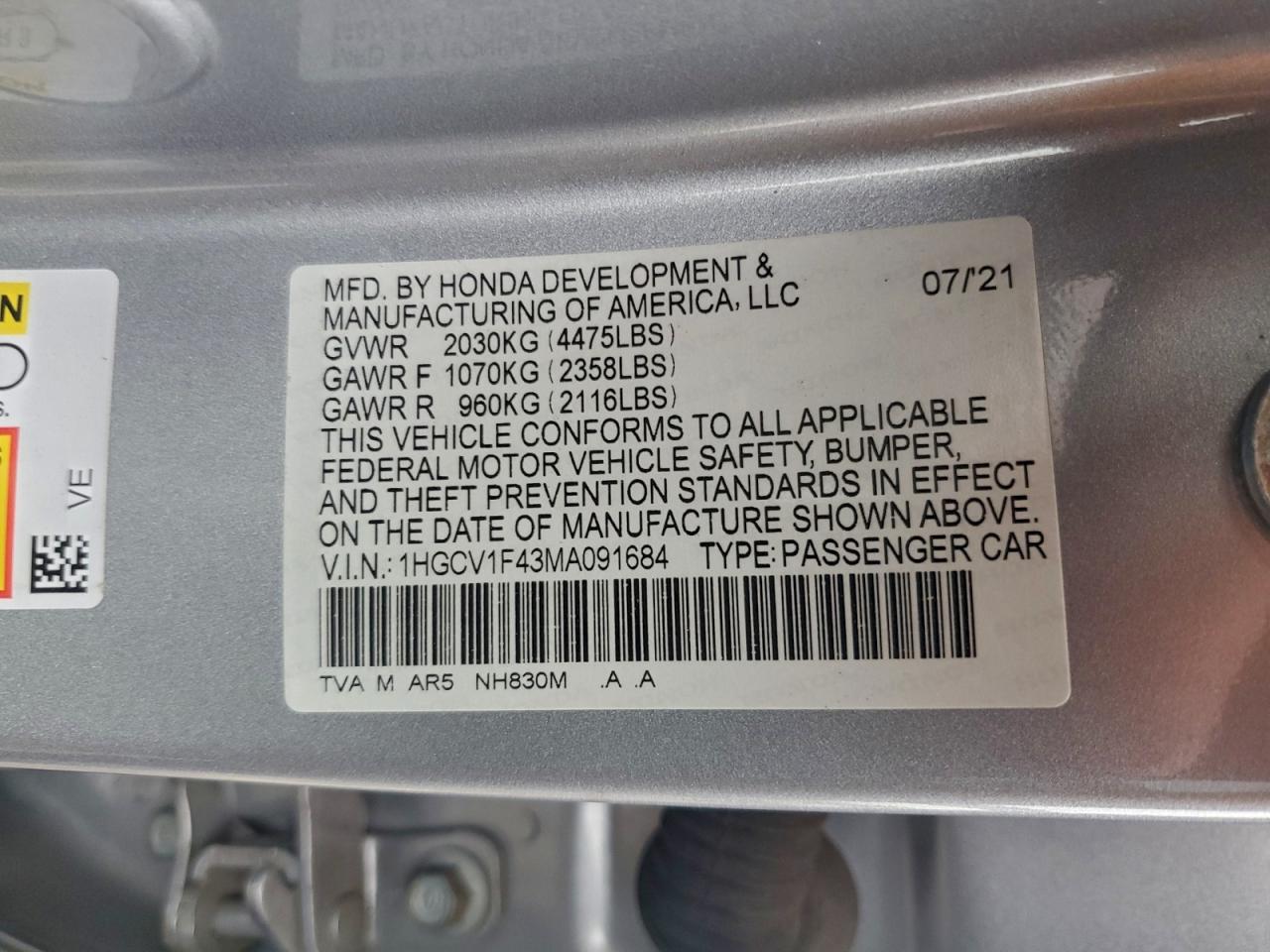 2021 Honda Accord Sport Se VIN: 1HGCV1F43MA091684 Lot: 96732165