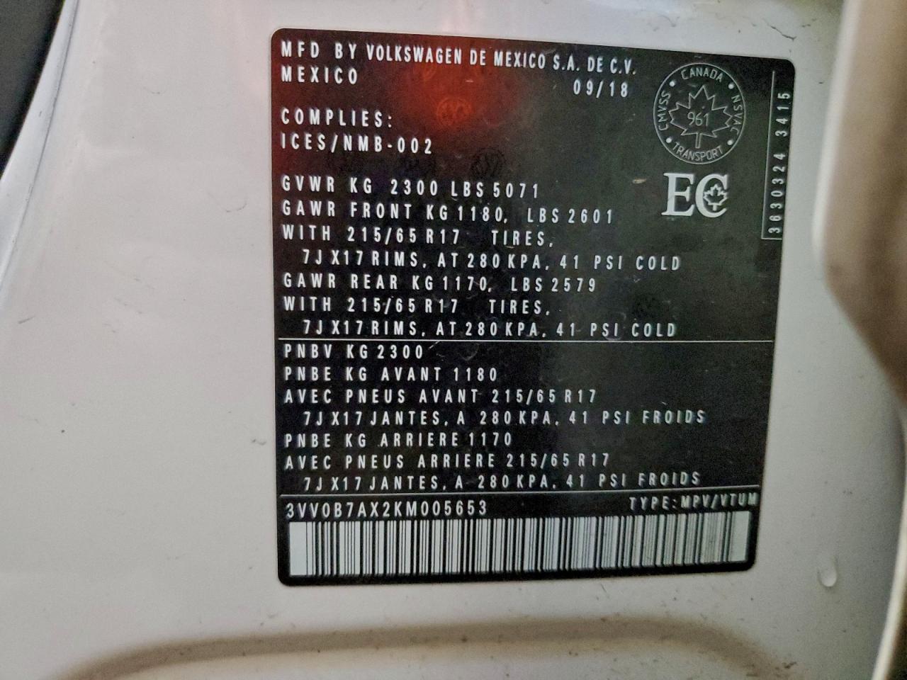 2019 Volkswagen Tiguan S VIN: 3VV0B7AX2KM005653 Lot: 95104475