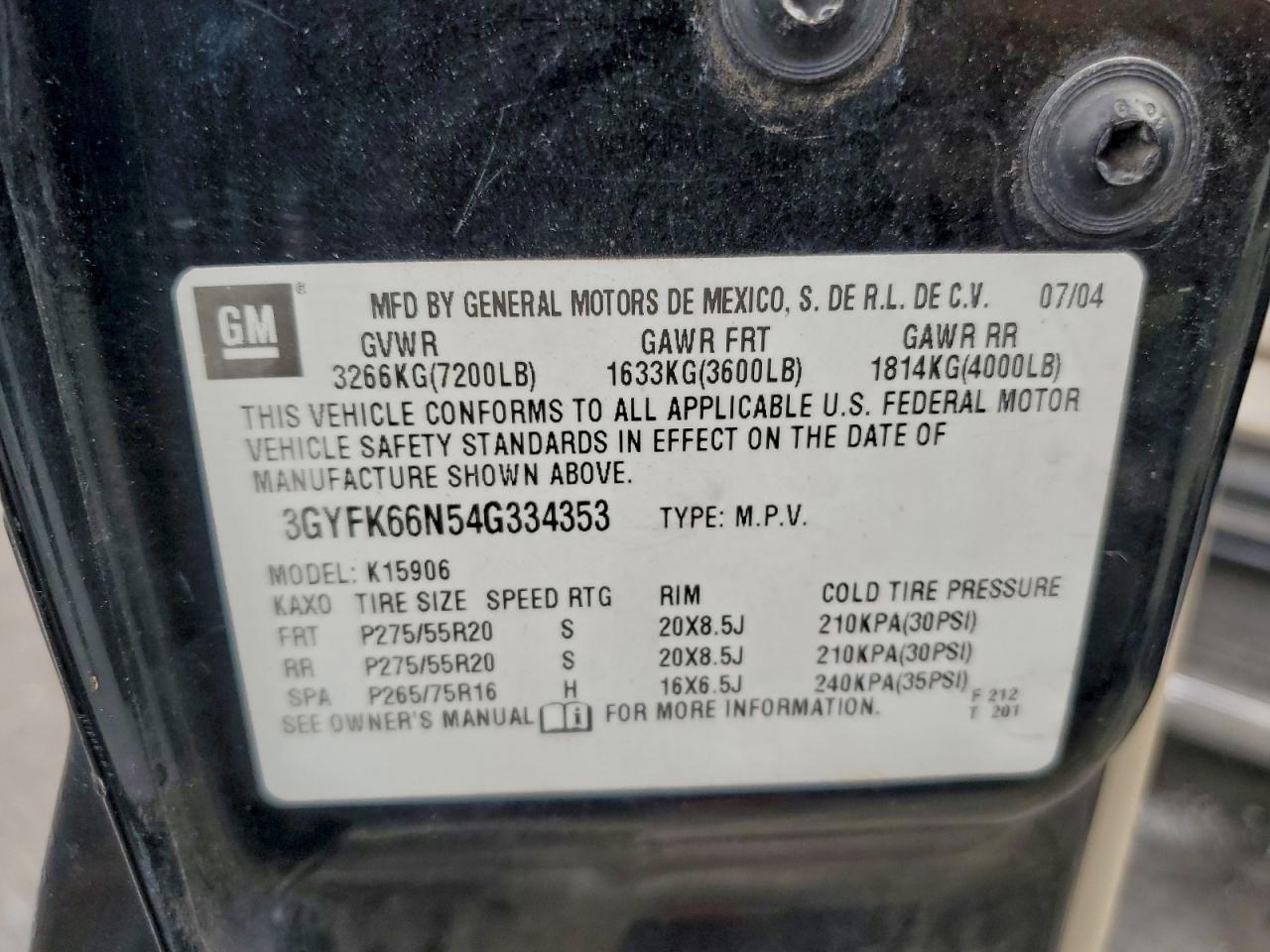 2004 Cadillac Escalade Esv VIN: 3GYFK66N54G334353 Lot: 95940355