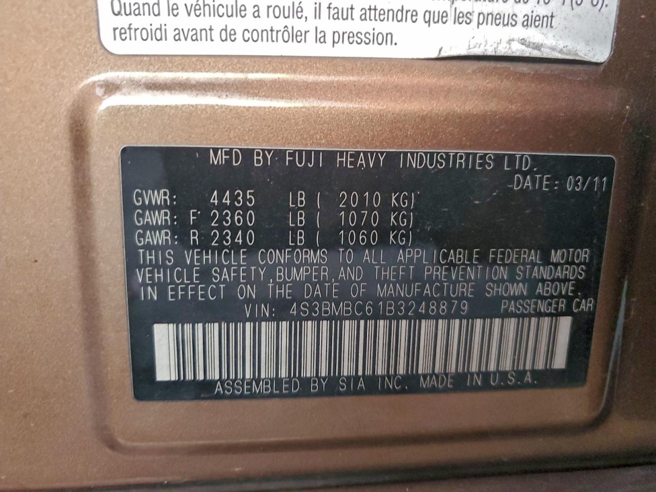 2011 Subaru Legacy 2.5I Premium VIN: 4S3BMBC61B3248879 Lot: 95398185