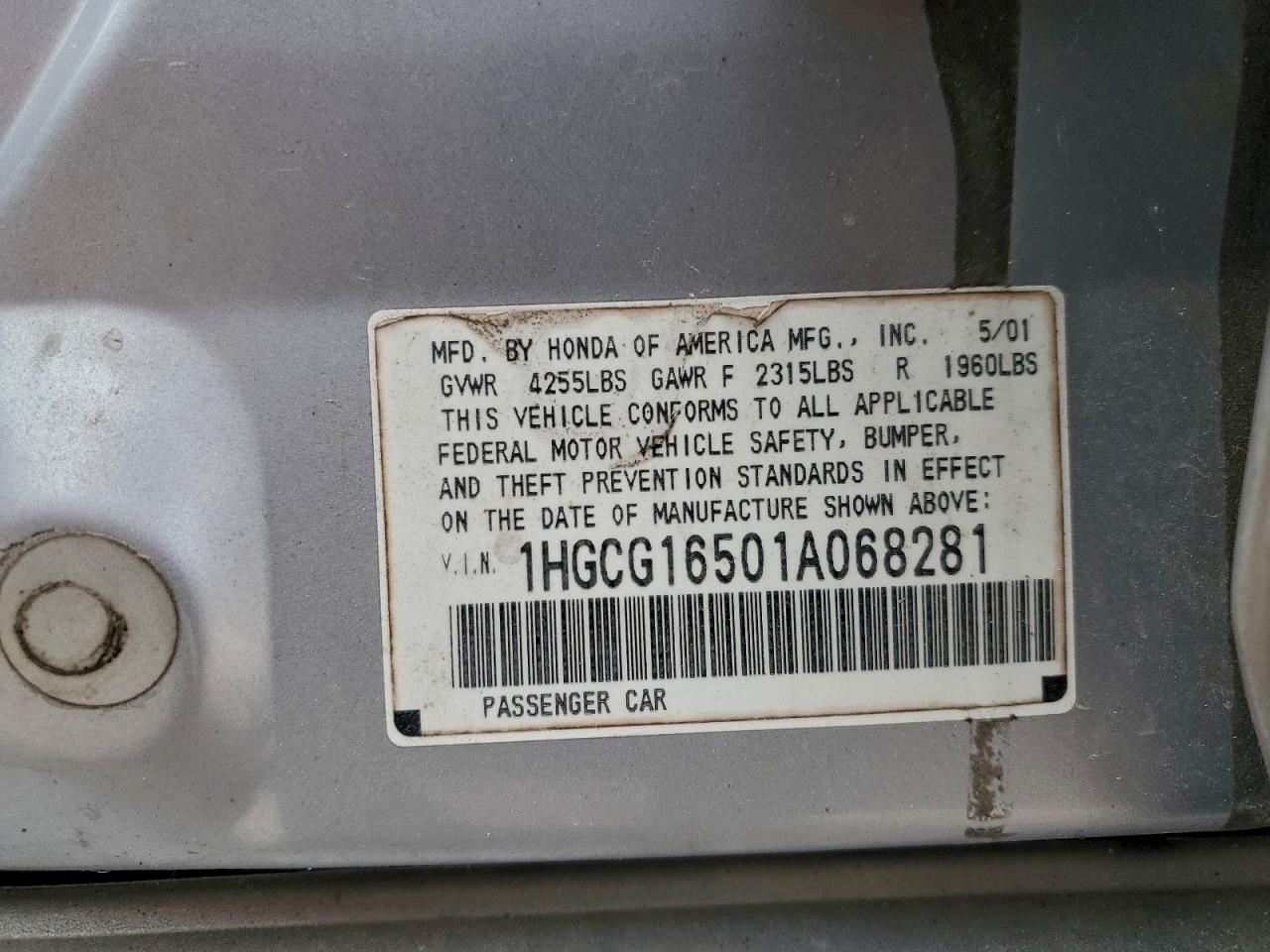 2001 Honda Accord Ex VIN: 1HGCG16501A068281 Lot: 94784295