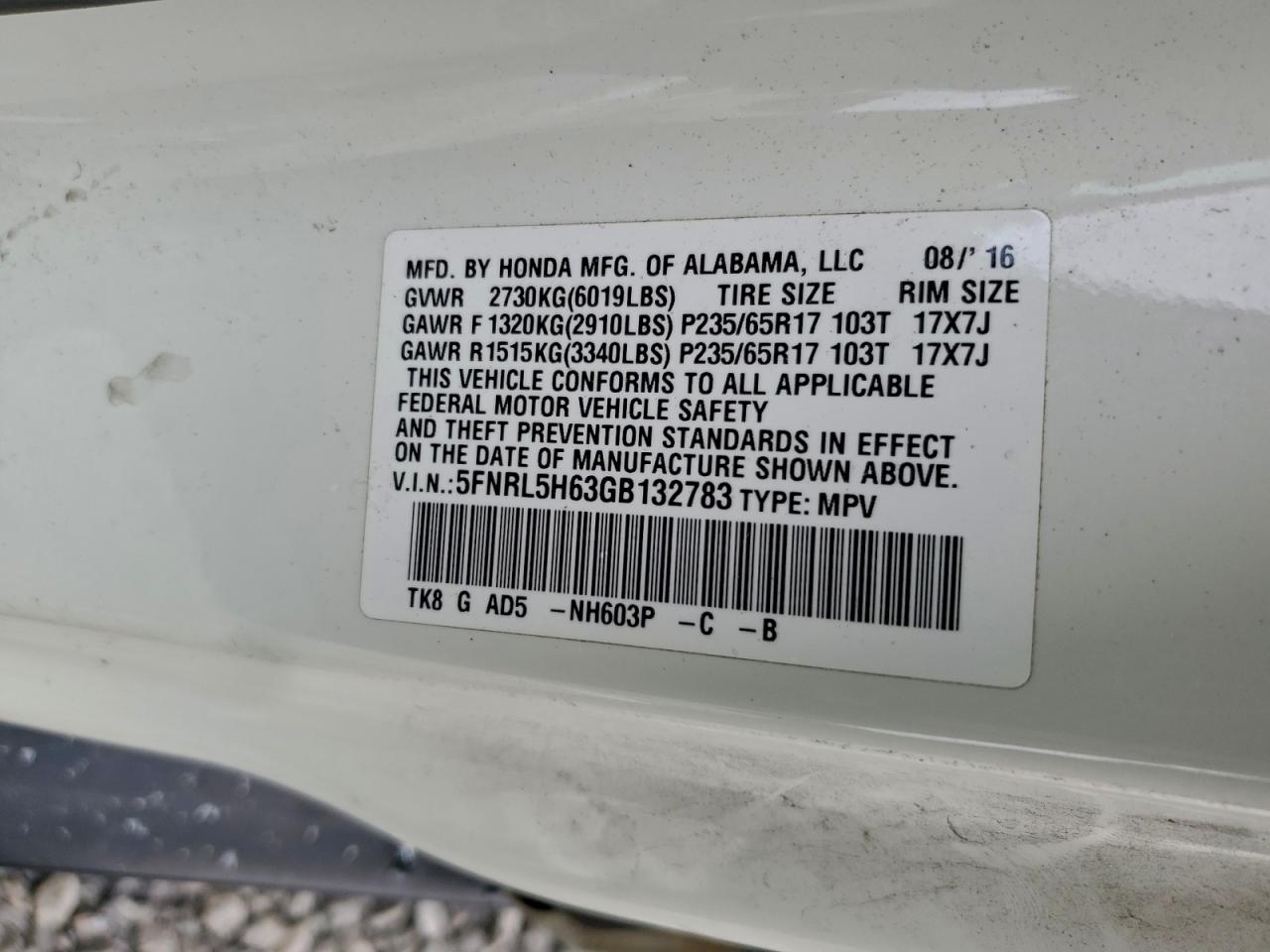 2016 Honda Odyssey Exl VIN: 5FNRL5H63GB132783 Lot: 95144015