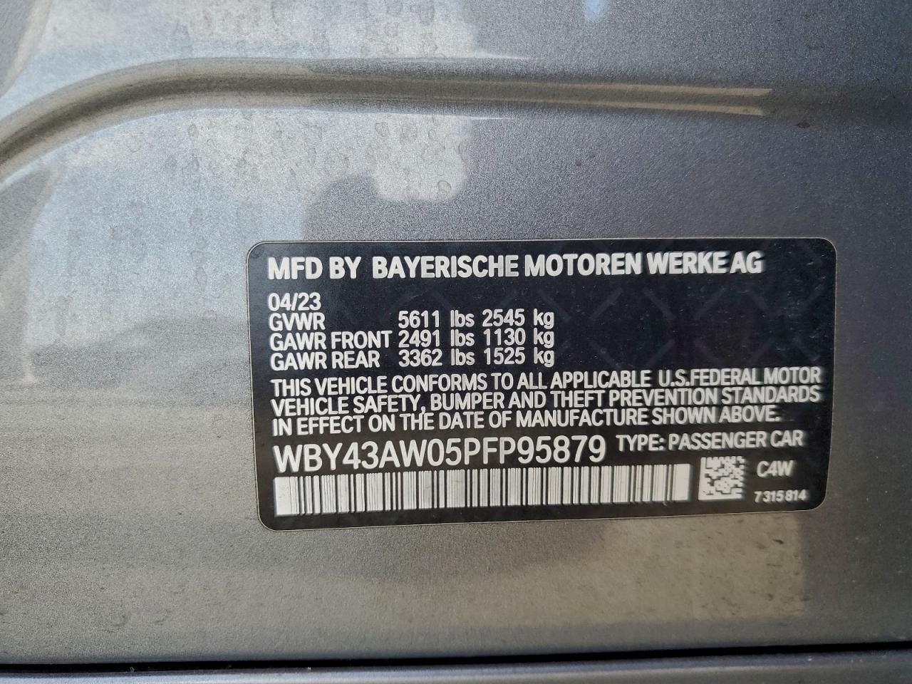 2023 BMW I4 Edrive 35 VIN: WBY43AW05PFP95879 Lot: 94860425
