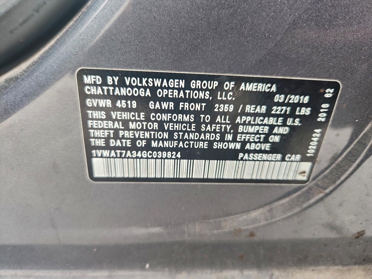 2016 Volkswagen Passat S VIN: 1VWAT7A34GC039824 Lot: 95895885