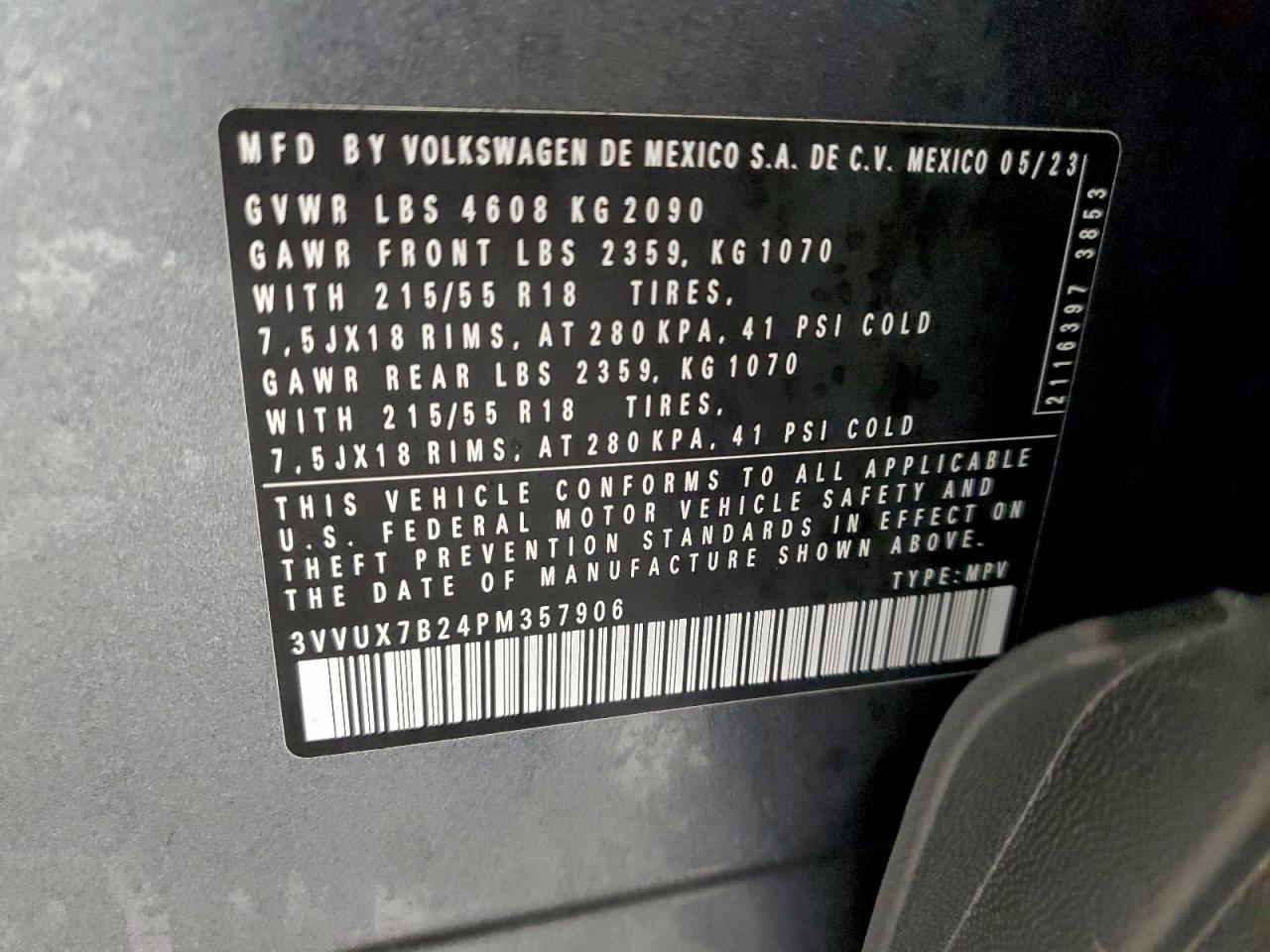 2023 Volkswagen Taos Se VIN: 3VVUX7B24PM357906 Lot: 94767305