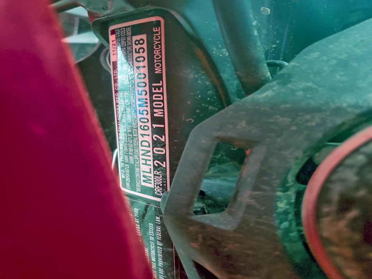 2021 Honda Crf300 Lr VIN: MLHND1605M5001058 Lot: 92611485