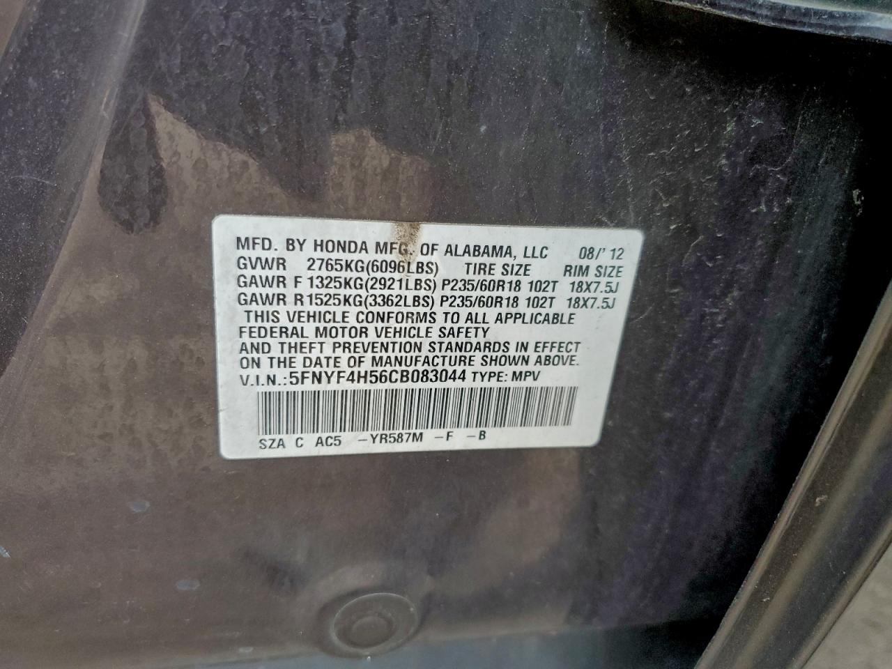 2012 Honda Pilot Exl VIN: 5FNYF4H56CB083044 Lot: 96288365