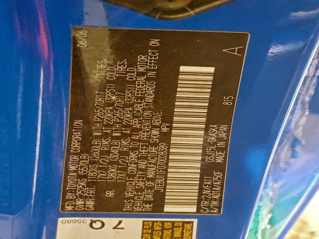 2007 Toyota Fj Cruiser VIN: JTEBU11F070028389 Lot: 96381605