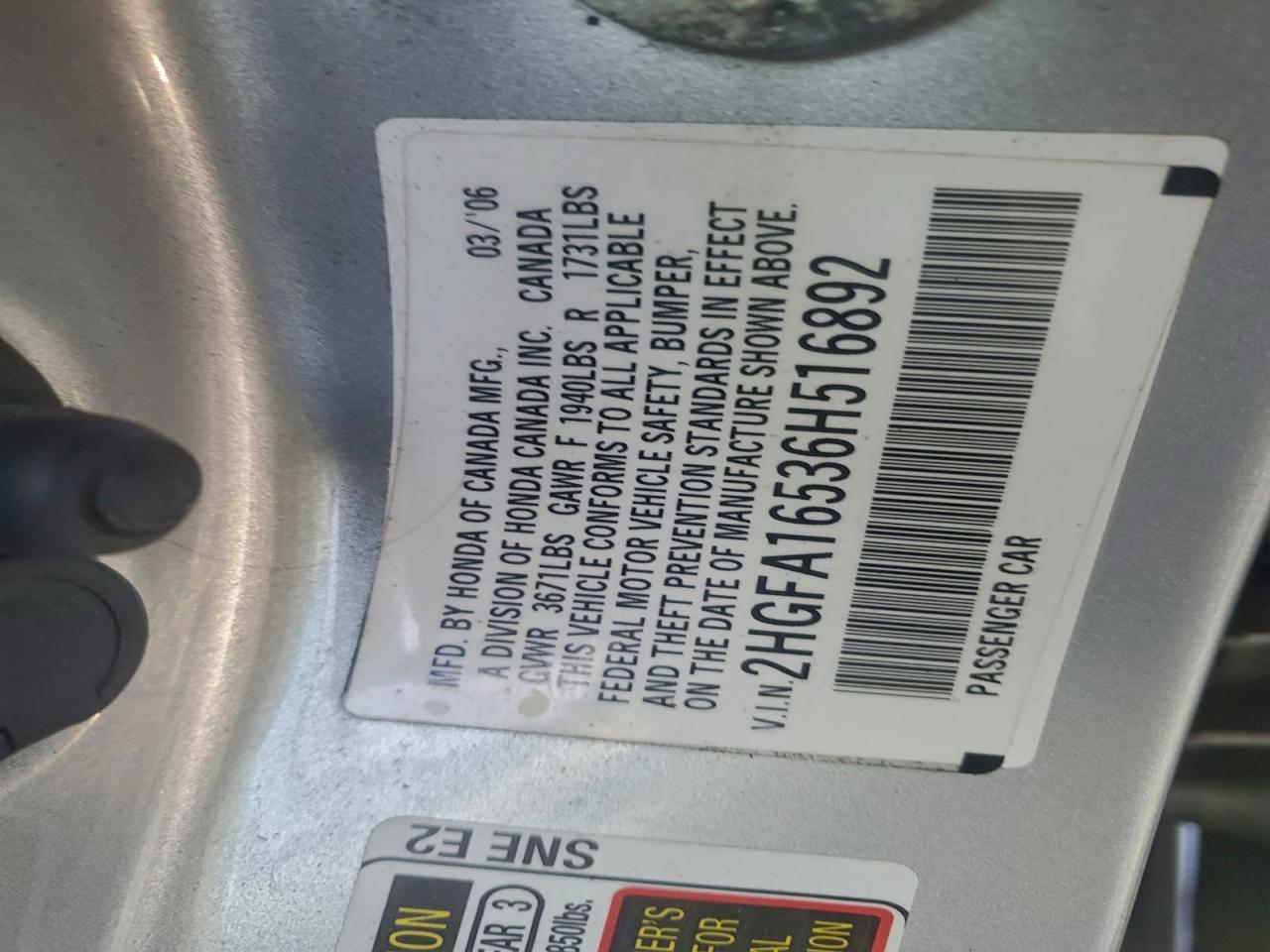 2006 Honda Civic Lx VIN: 2HGFA16536H516892 Lot: 95554165