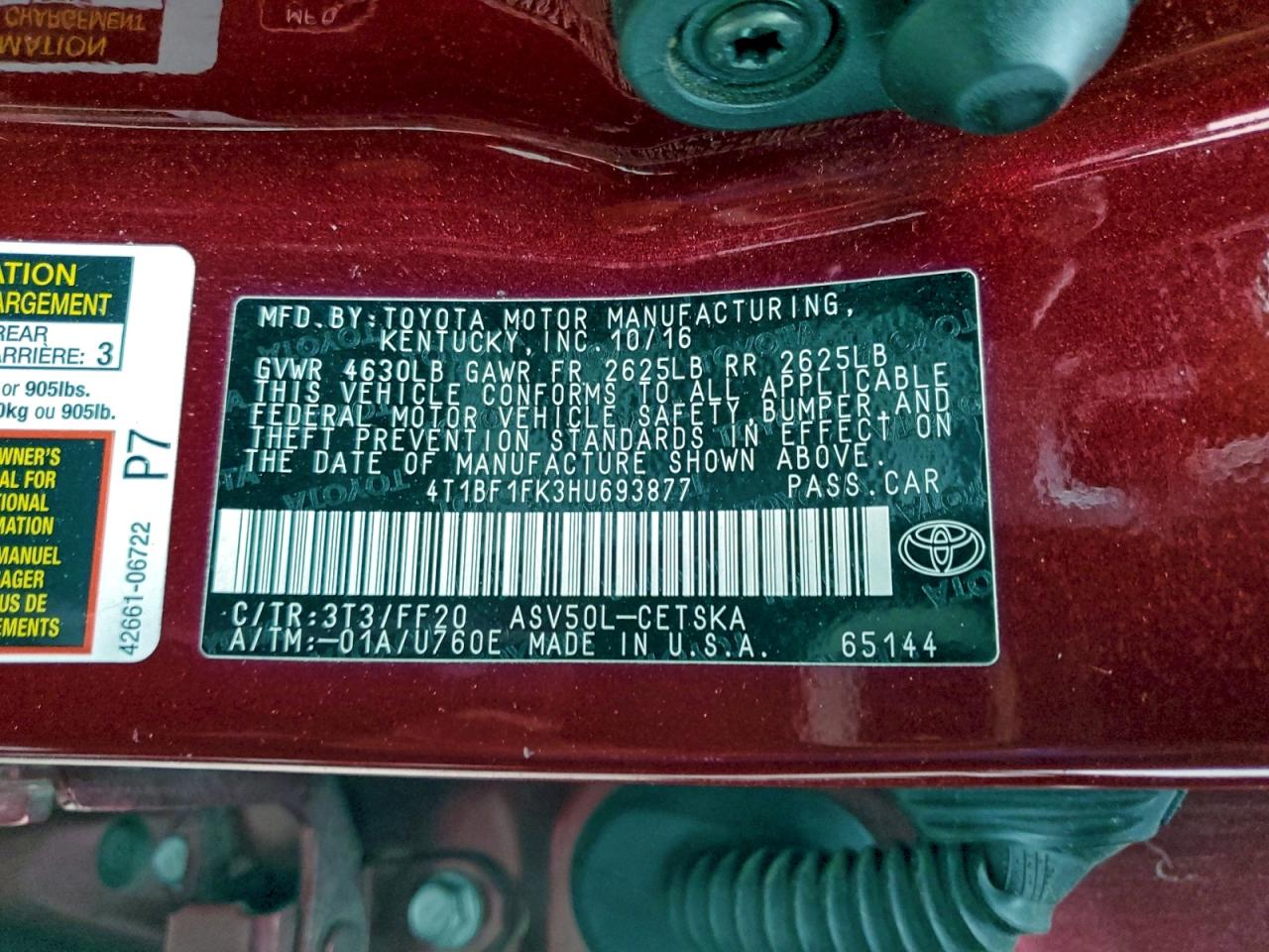 2017 Toyota Camry Le VIN: 4T1BF1FK3HU693877 Lot: 95891705