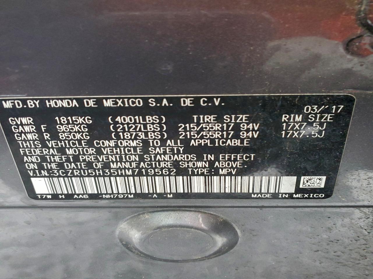2017 Honda Hr-V Lx VIN: 3CZRU5H35HM719562 Lot: 91790385