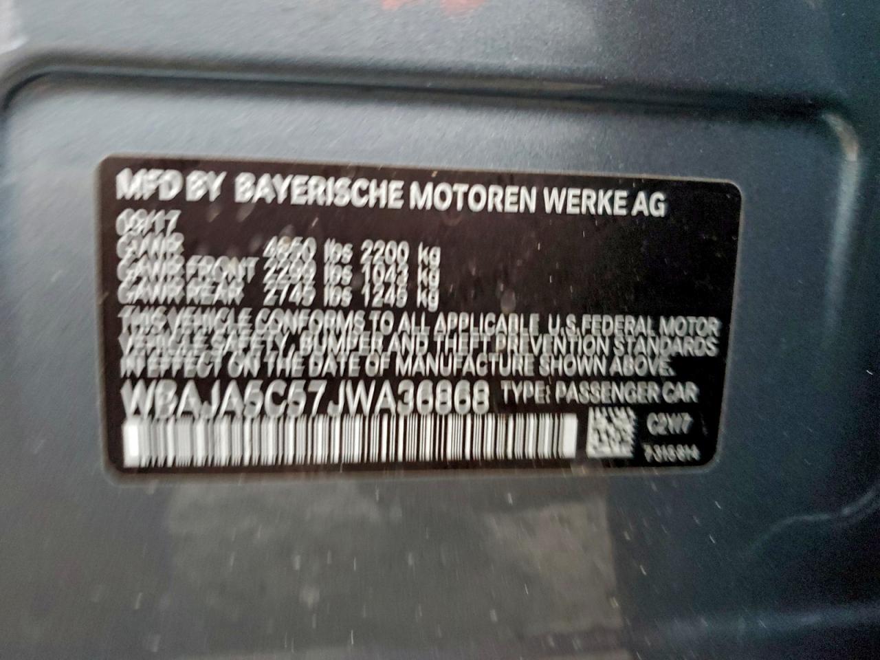 2018 BMW 530 I VIN: WBAJA5C57JWA36868 Lot: 94550575