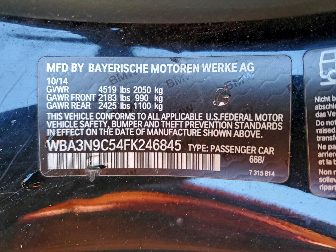 2015 BMW 428 Xi VIN: WBA3N9C54FK246845 Lot: 95322505