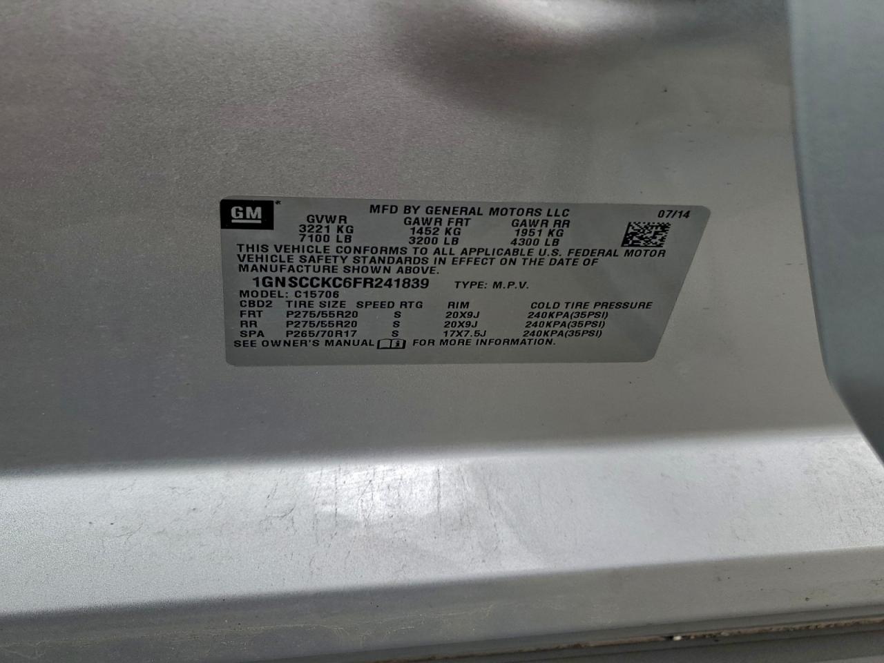 2015 Chevrolet Tahoe C1500 Ltz VIN: 1GNSCCKC6FR241839 Lot: 95256935