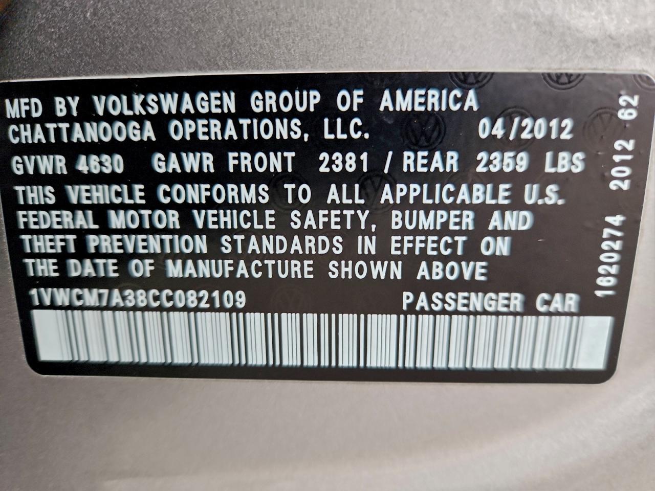 2012 Volkswagen Passat Sel VIN: 1VWCM7A38CC082109 Lot: 94894025