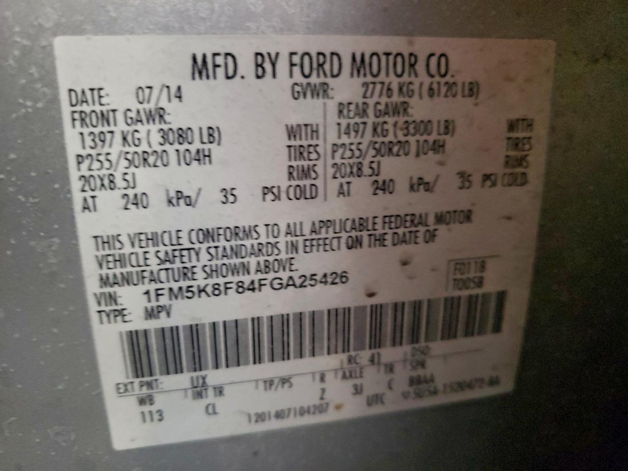 2015 Ford Explorer Limited VIN: 1FM5K8F84FGA25426 Lot: 94758235