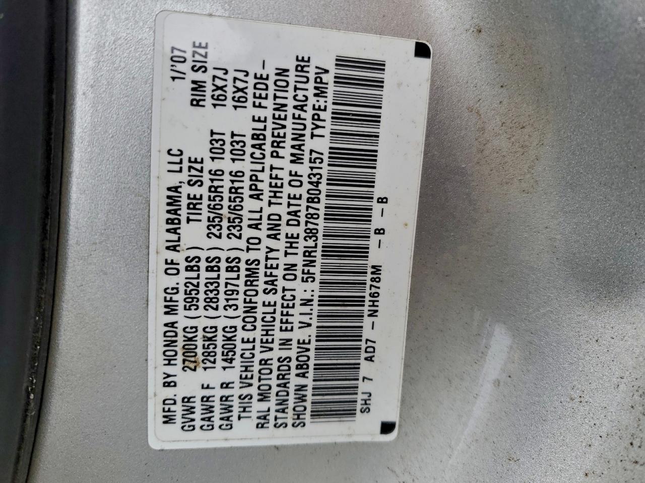 2007 Honda Odyssey Exl VIN: 5FNRL38787B043157 Lot: 96175485