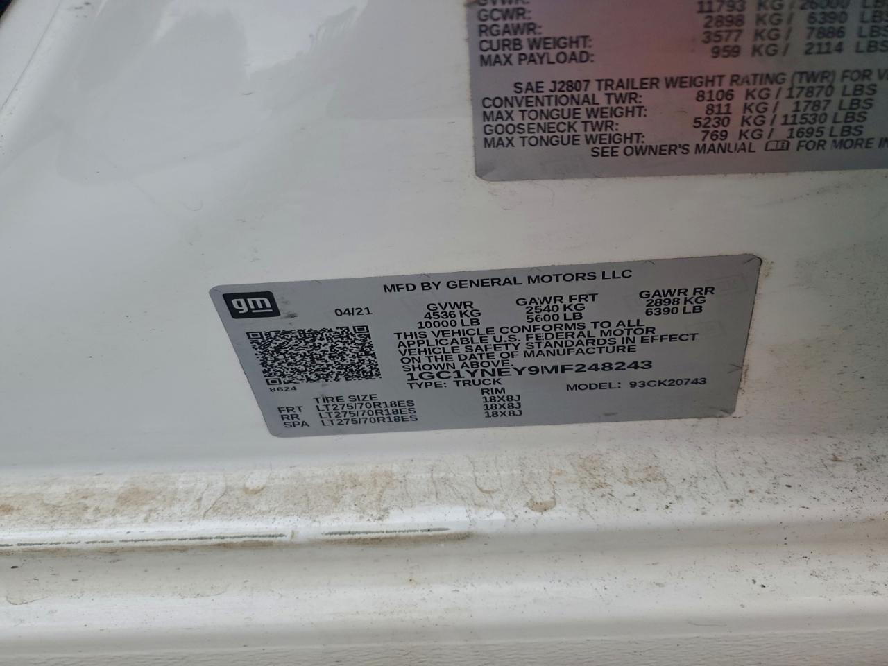 2021 Chevrolet Silverado K2500 Heavy Duty Lt VIN: 1GC1YNEY9MF248243 Lot: 94864355