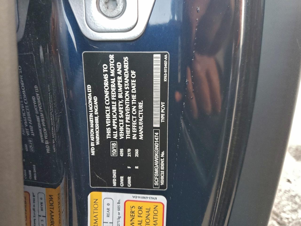 2019 Aston Martin Vantage VIN: SCFSMGAW0KGN01474 Lot: 94959055