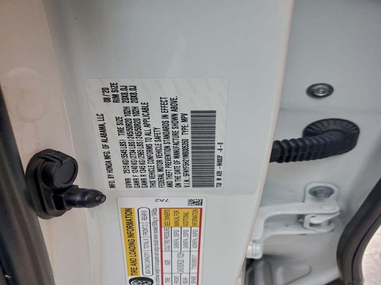 2021 Honda Pilot Se VIN: 5FNYF5H21MB005350 Lot: 97444615