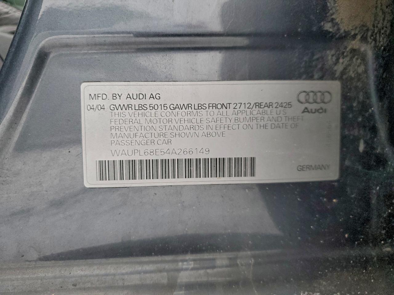 2004 Audi S4 VIN: WAUPL68E54A266149 Lot: 94985415