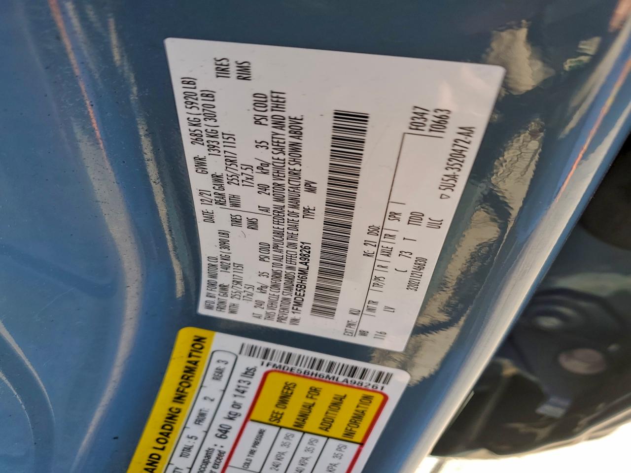 2021 Ford Bronco Base VIN: 1FMDE5BH6MLA98261 Lot: 97362395