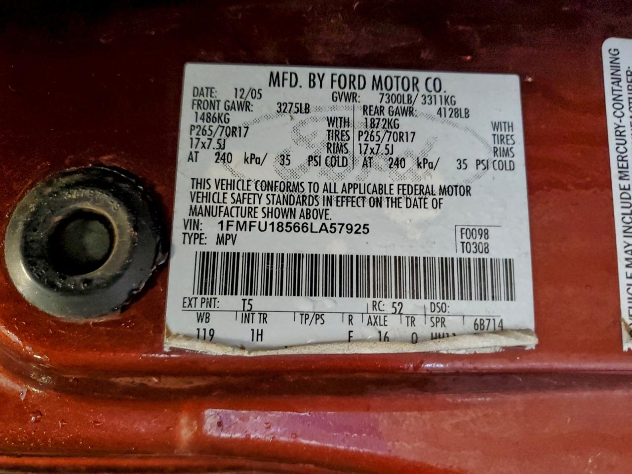 2006 Ford Expedition Eddie Bauer VIN: 1FMFU18566LA57925 Lot: 96052925