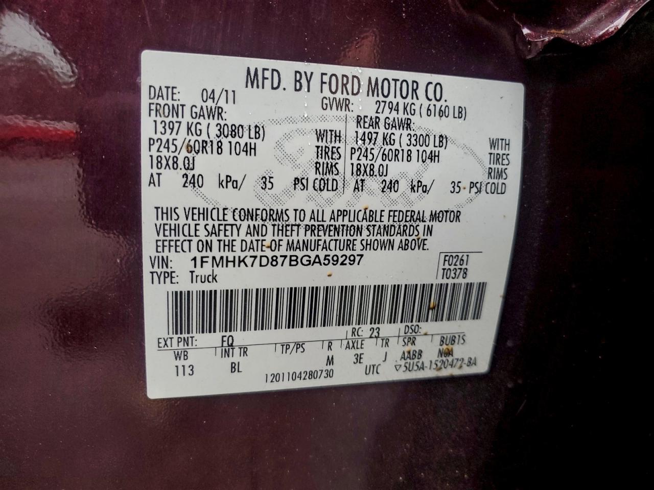 2011 Ford Explorer Xlt VIN: 1FMHK7D87BGA59297 Lot: 94790645