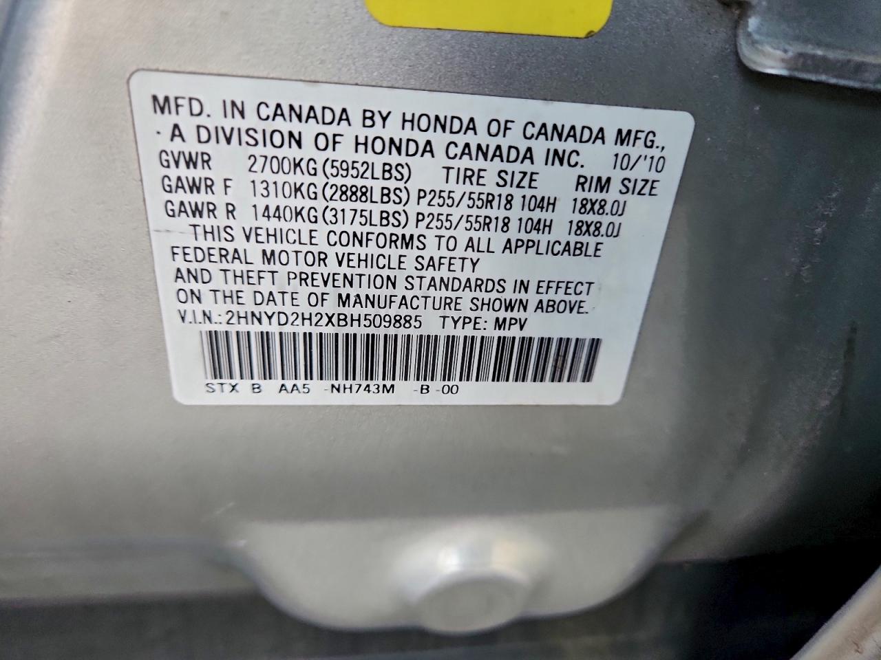 2011 Acura Mdx VIN: 2HNYD2H2XBH509885 Lot: 95804205