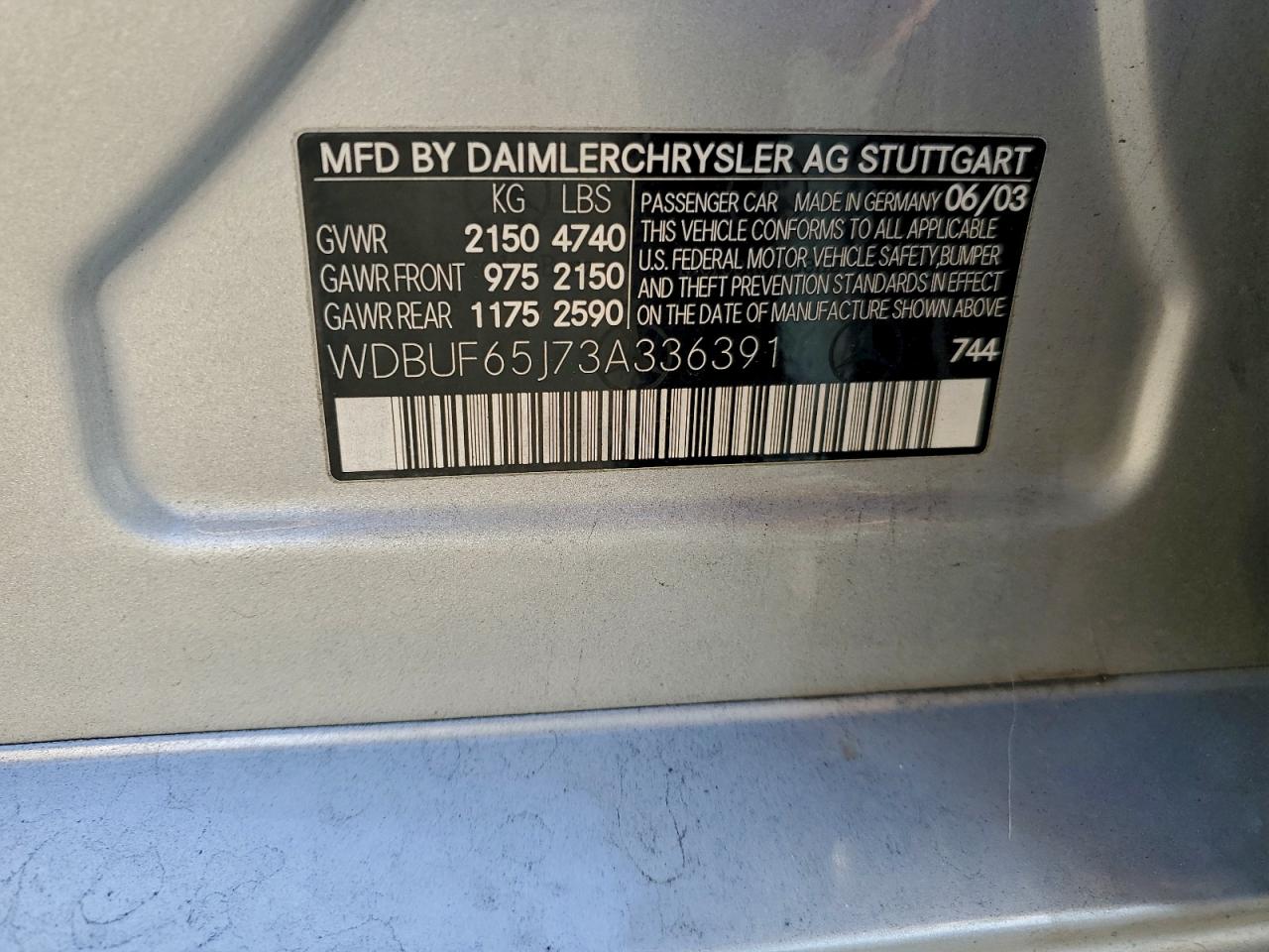 2003 Mercedes-Benz E 320 VIN: WDBUF65J73A336391 Lot: 94922015