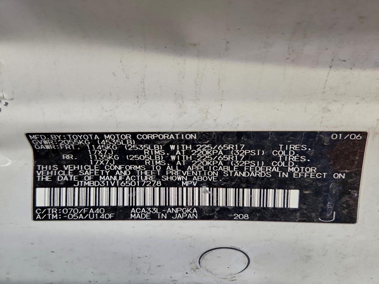 2006 Toyota Rav4 Limited VIN: JTMBD31V165017278 Lot: 93785745