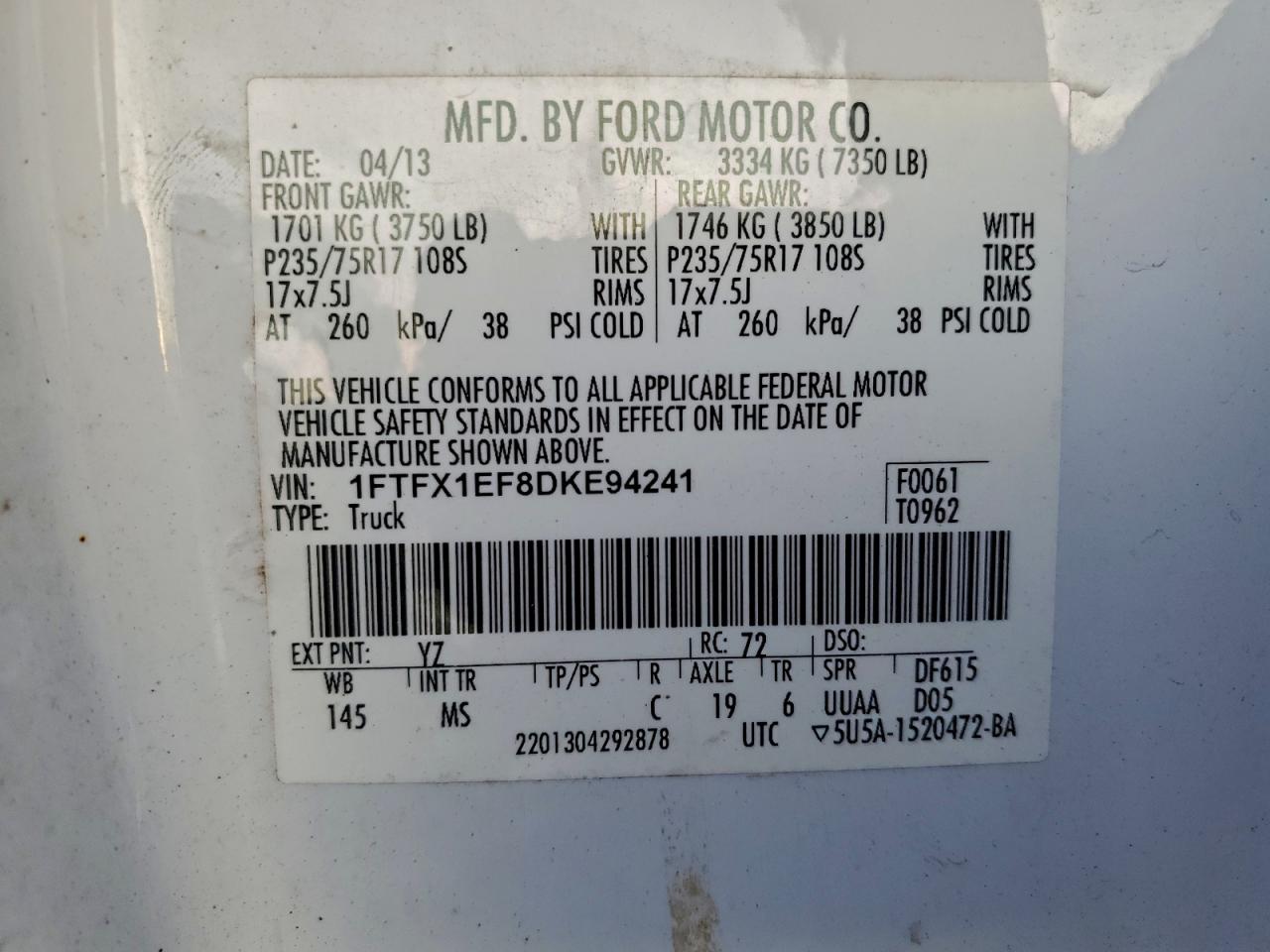 2013 Ford F150 Super Cab VIN: 1FTFX1EF8DKE94241 Lot: 94826995