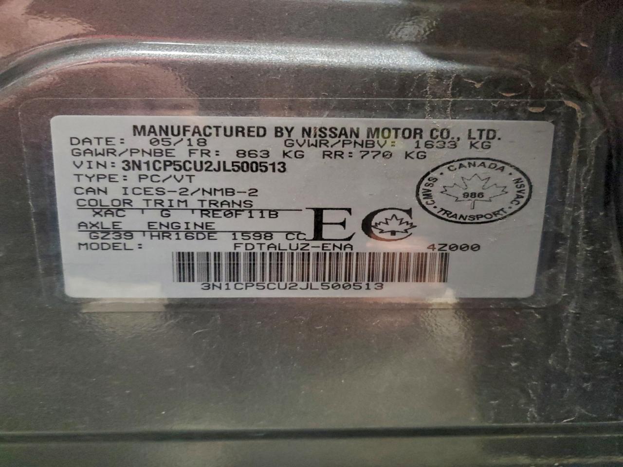 2018 Nissan Kicks S VIN: 3N1CP5CU2JL500513 Lot: 95197625