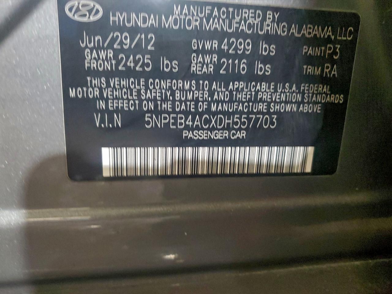 2013 Hyundai Sonata Gls VIN: 5NPEB4ACXDH557703 Lot: 94949785