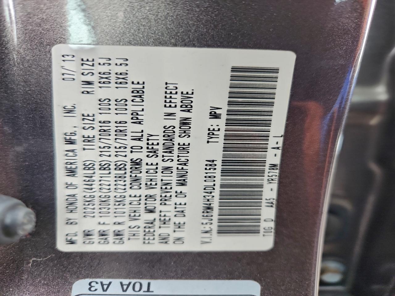 2013 Honda Cr-V Lx VIN: 5J6RM4H34DL081584 Lot: 96153275