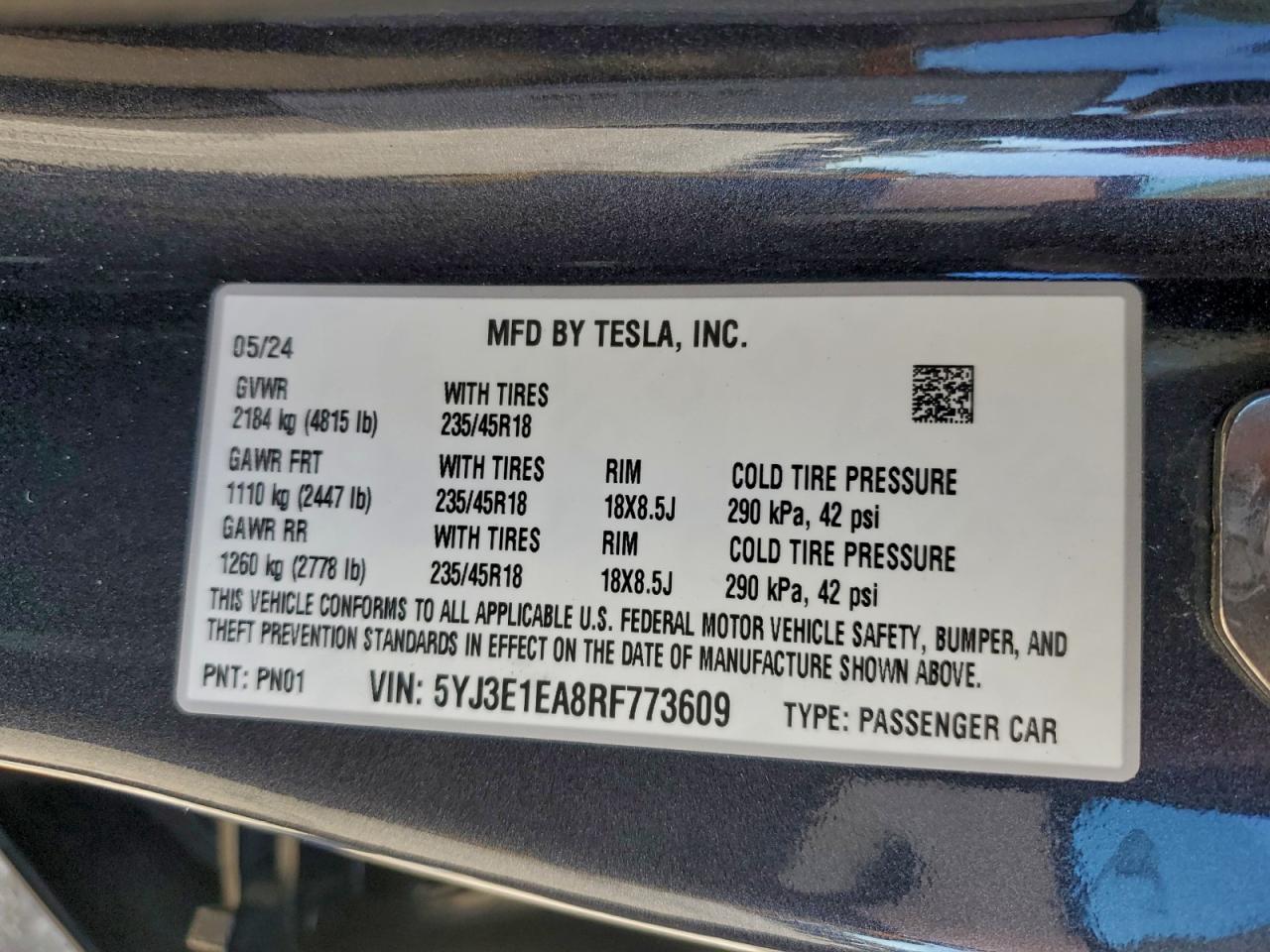 2024 Tesla Model 3 VIN: 5YJ3E1EA8RF773609 Lot: 96768155