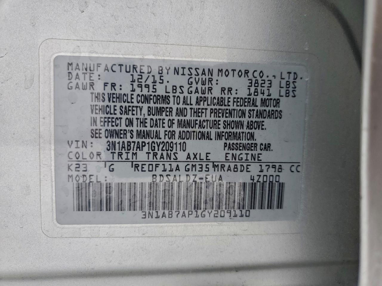 2016 Nissan Sentra S VIN: 3N1AB7AP1GY209110 Lot: 94516515