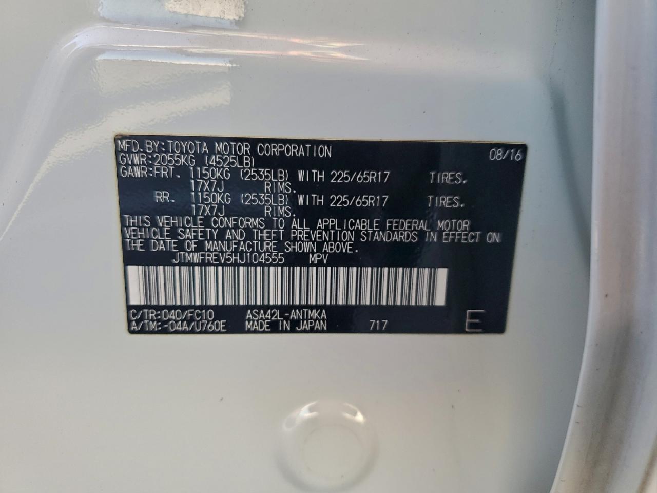 2017 Toyota Rav4 Xle VIN: JTMWFREV5HJ104555 Lot: 96308225