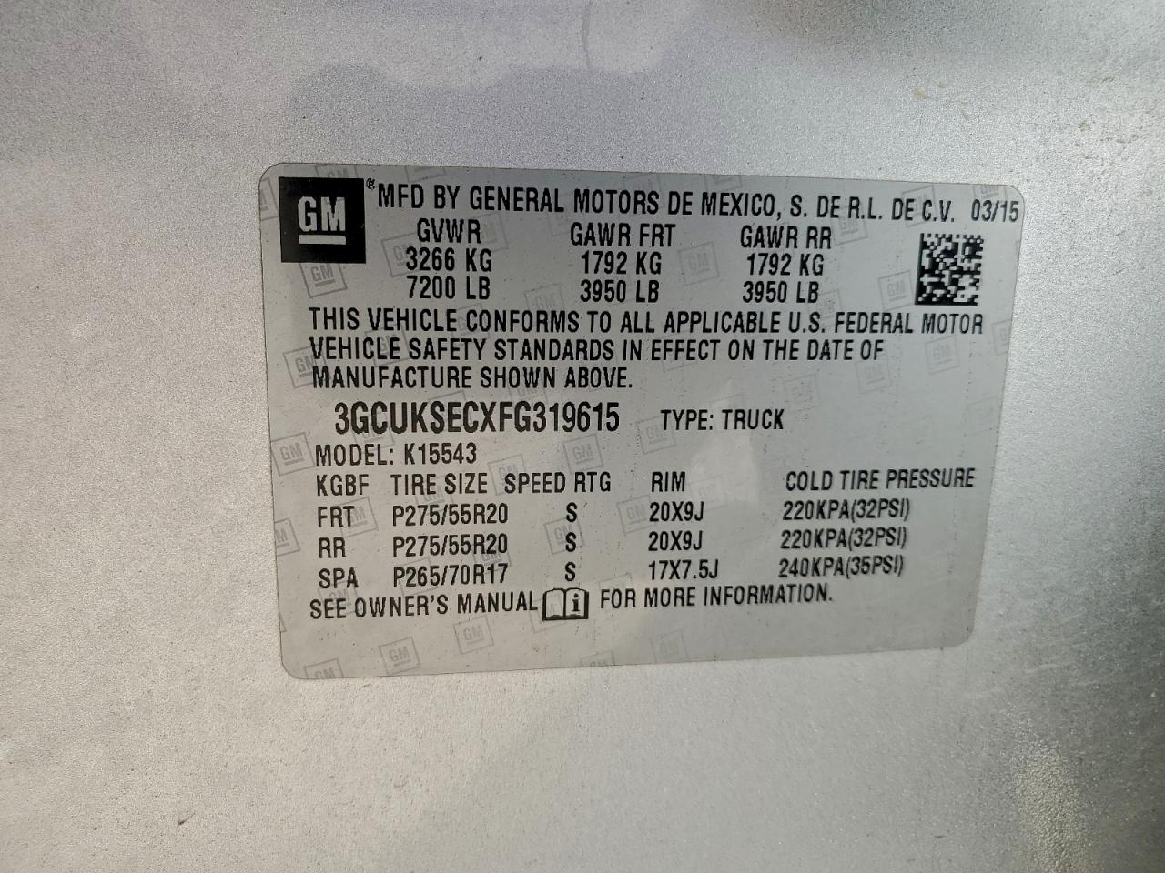 2015 Chevrolet Silverado K1500 Ltz VIN: 3GCUKSECXFG319615 Lot: 96103735